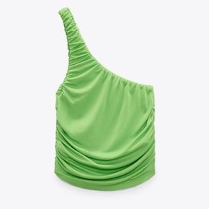 Zara Fitted, One-Shoulder Crop Top Lime Green Size Large